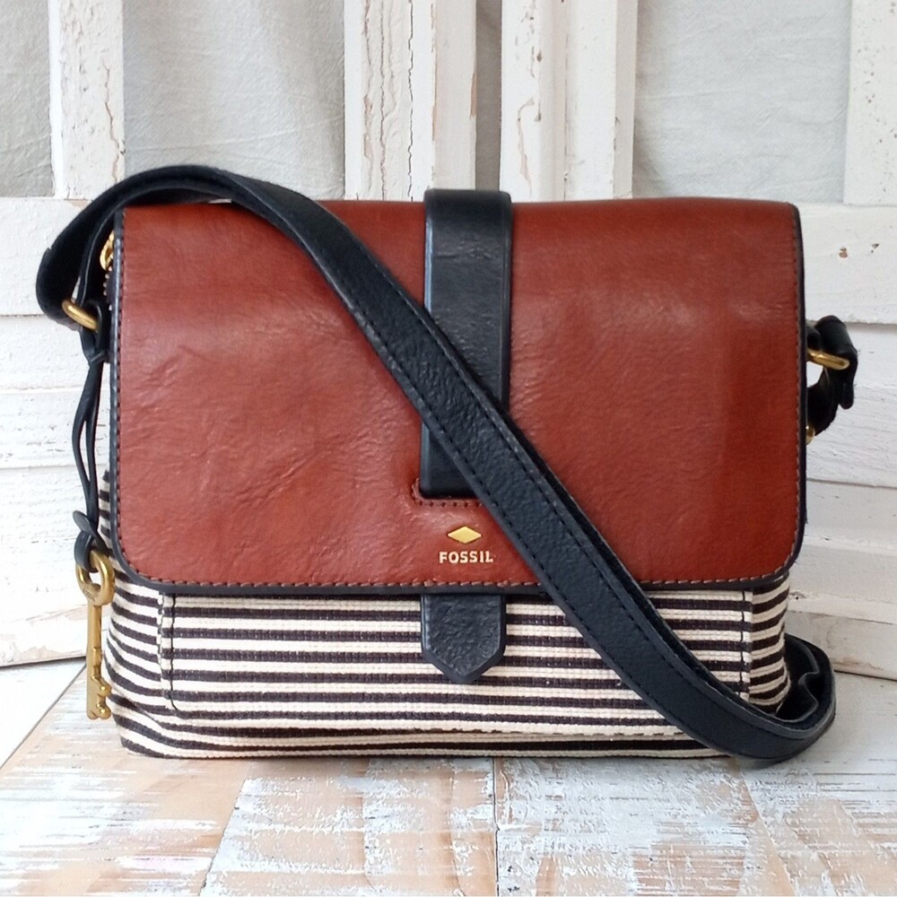 Fossil Kinley Striped Crossbody Bag Leather Canvas Boho Nautical Preppy Purse...